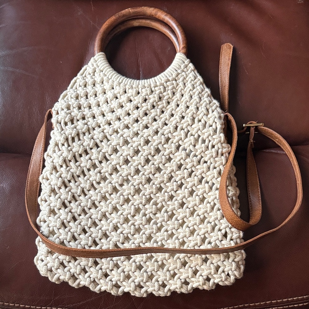 Sigrid Olsen Macramé Bag with Bamboo Handles and Leather Shoulder Strap